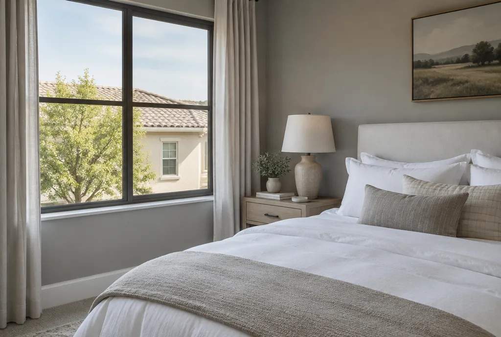 Calm bedroom with a large window beside the bed and soft daylight