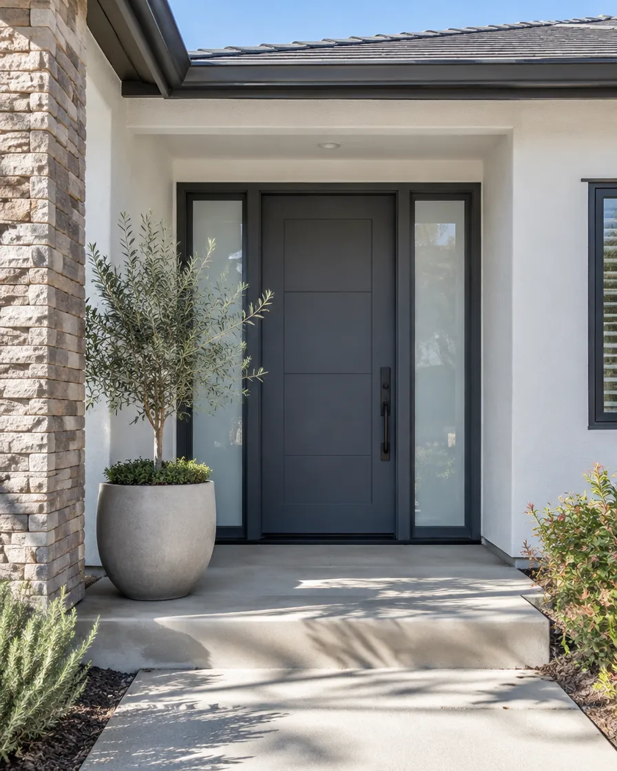 Dark front door with frosted glass sidelights on a white stucco home