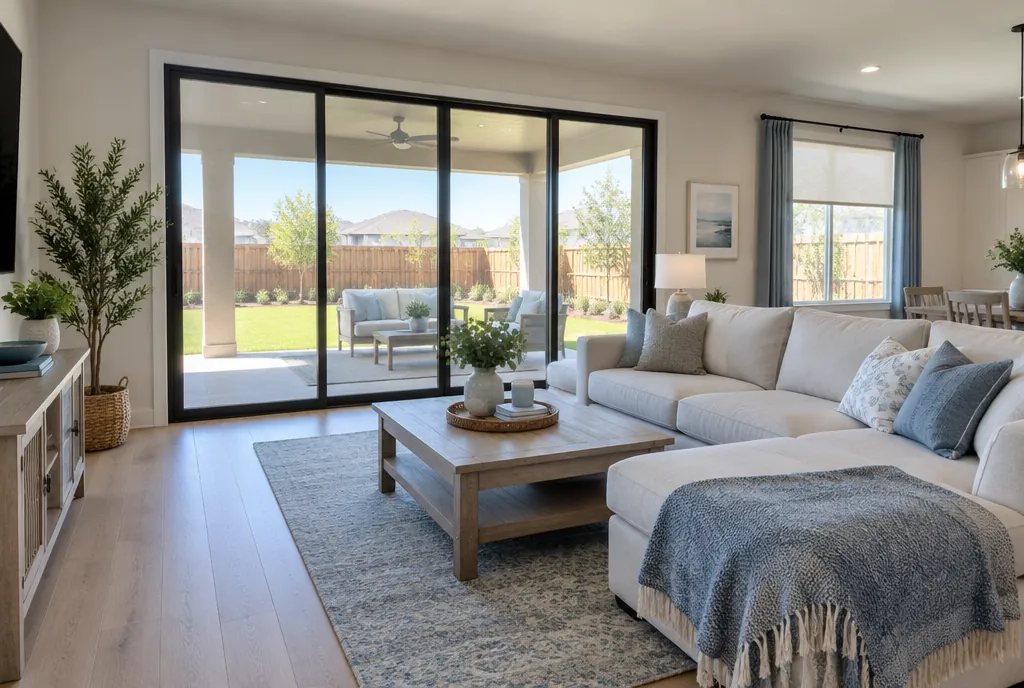 Family room with a wide sliding glass door opening onto a backyard patio